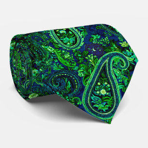 Gravata Profusão Paisley Floral Vibrante Azul Verde  
