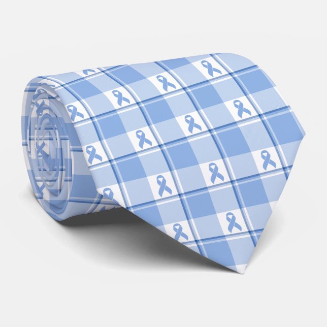Gravata Prostate Cancer Awareness Plaid Light Blue Ribbon (Rolled)
