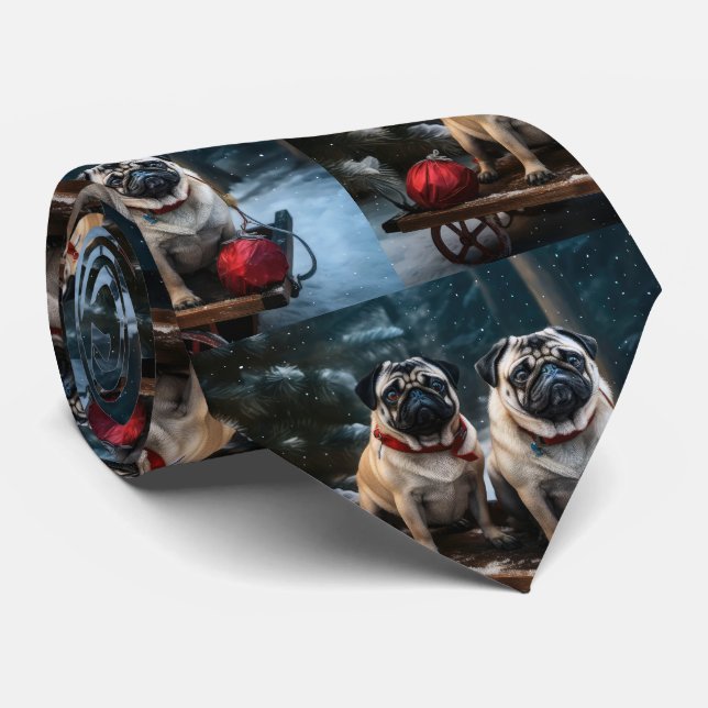 Gravata Pug Snowy Sleigh Decoração de Natal (Rolled)
