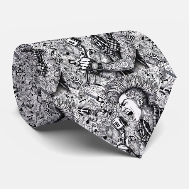 Gravata Punk Rock Preta e Branca (Rolled)