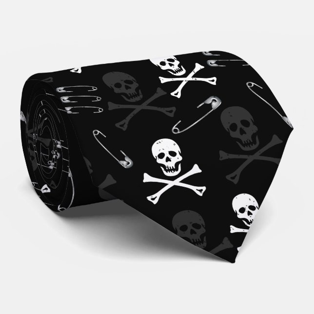 Gravata Punk Rock Skulls and Safety Pins Padrão (Rolled)