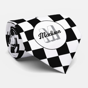 Gravata Quadrados xadrez preto e branco Monograma retrô