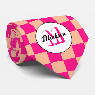 Gravata Quadrados xadrez rosa quente pêssego Monograma ret