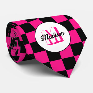 Gravata Quadrados xadrez rosa quente preto Monograma retrô