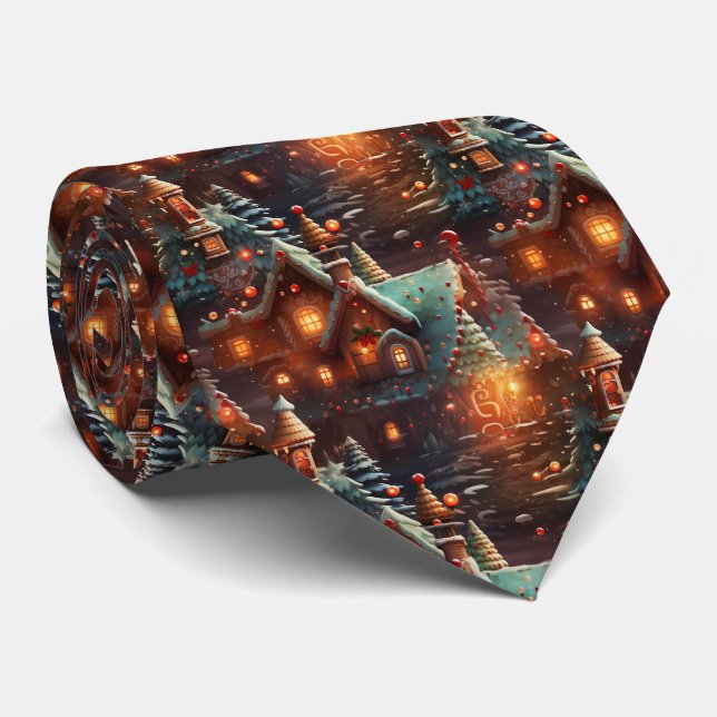 Gravata Quirky Brown and Blue Gingerbread House Pattern (Rolled)