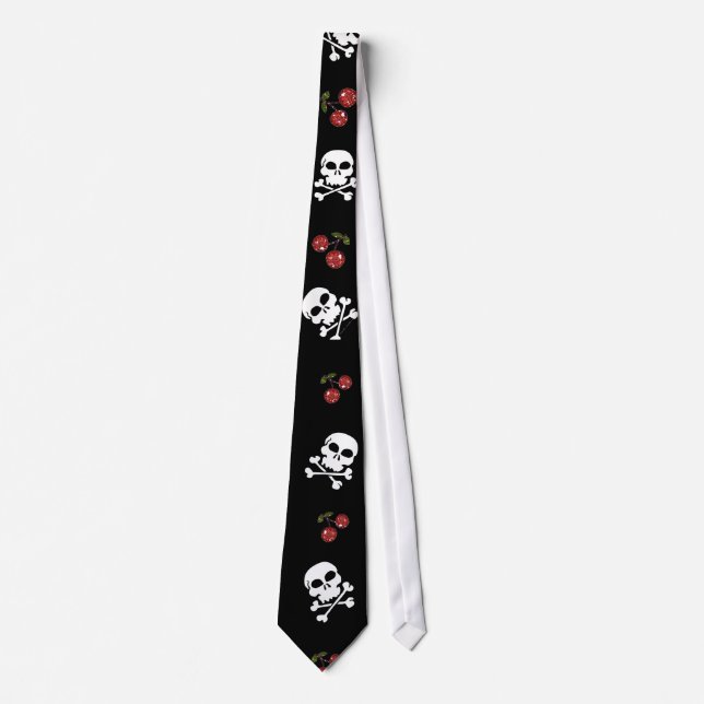 Gravata RAB Rockabilly Caveiras e Cerejas em Preto (Frente)
