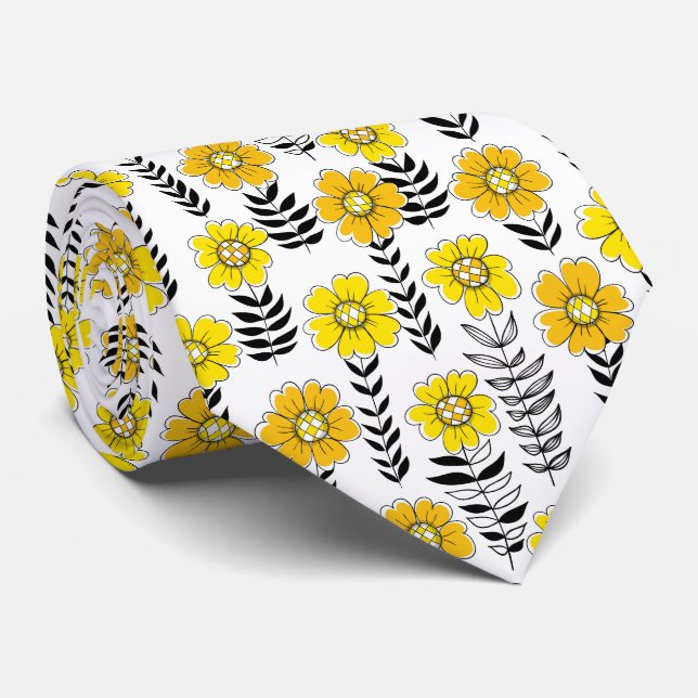 Gravata Rabiscos de margarida em amarelo e preto (Rolled)