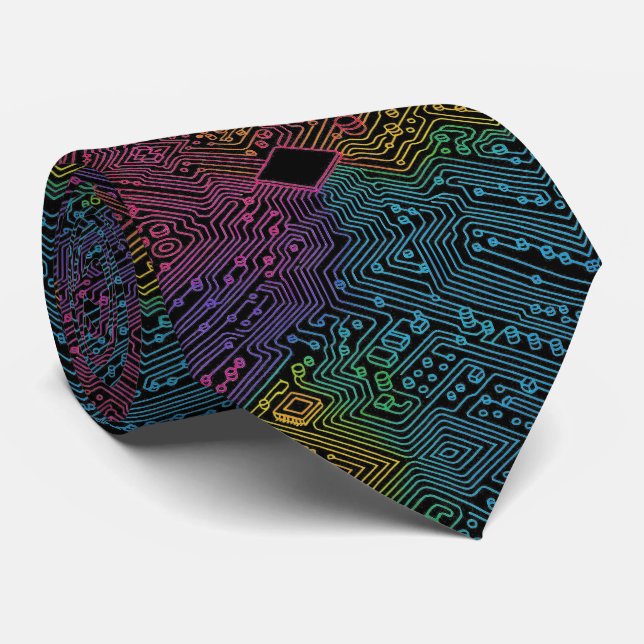 Gravata Rainbow Circuit Board Necktie – Colorful Tech Geek (Rolled)