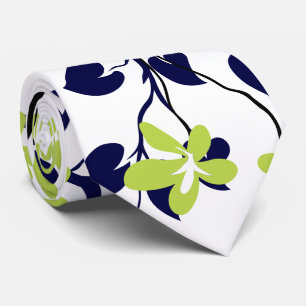 Gravata Ramal azul-marinho e preto, flores verdes limões