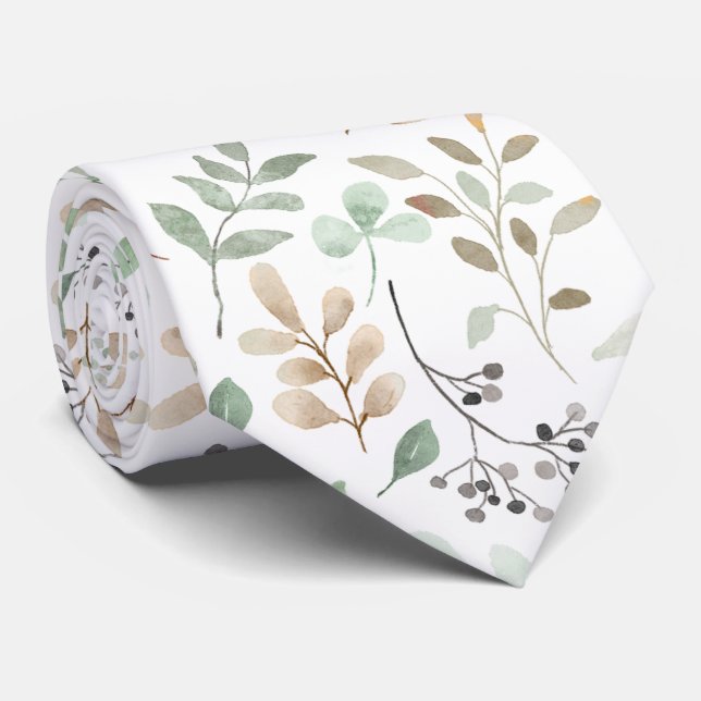 Gravata Raminhos Abstratos Folhas Verde Branco Marrom (Rolled)