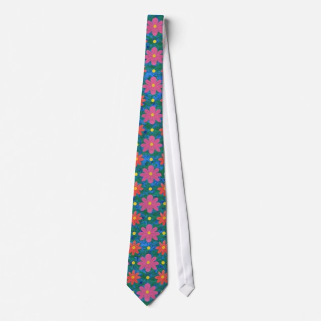 Gravata Rangoli Flowers, Polka Dots on Blue Unisex Necktie (Frente)