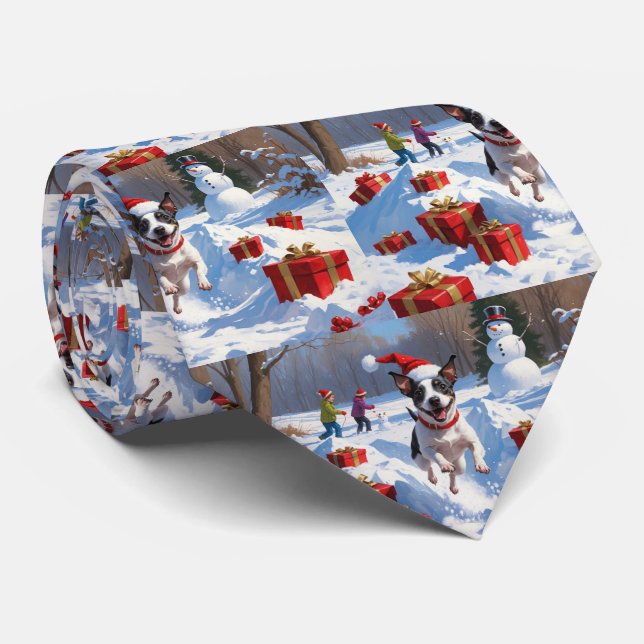 Gravata Rat Terrier Correndo na Neve com Chapéu de Natal (Rolled)