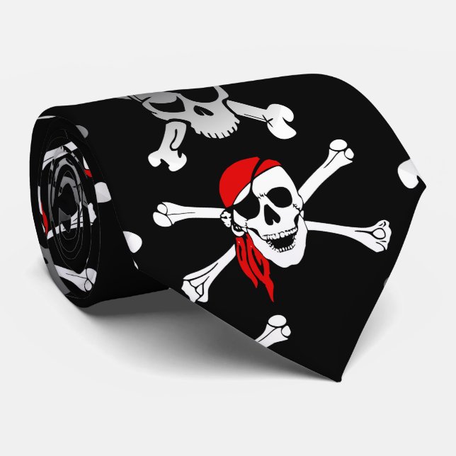 Gravata Rebel Pirate White Skulls and Bones Patterin Servi (Rolled)