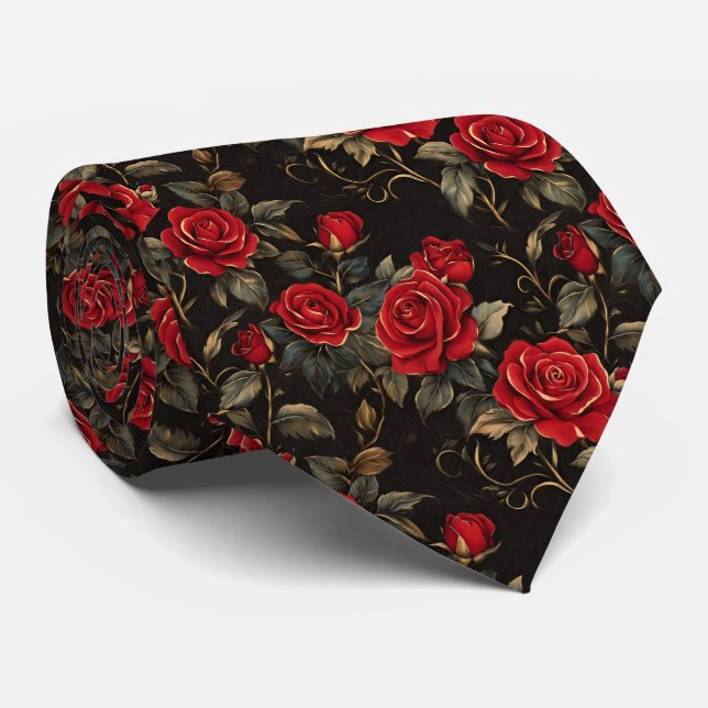 Gravata Red and Gold Roses On Black (Rolled)