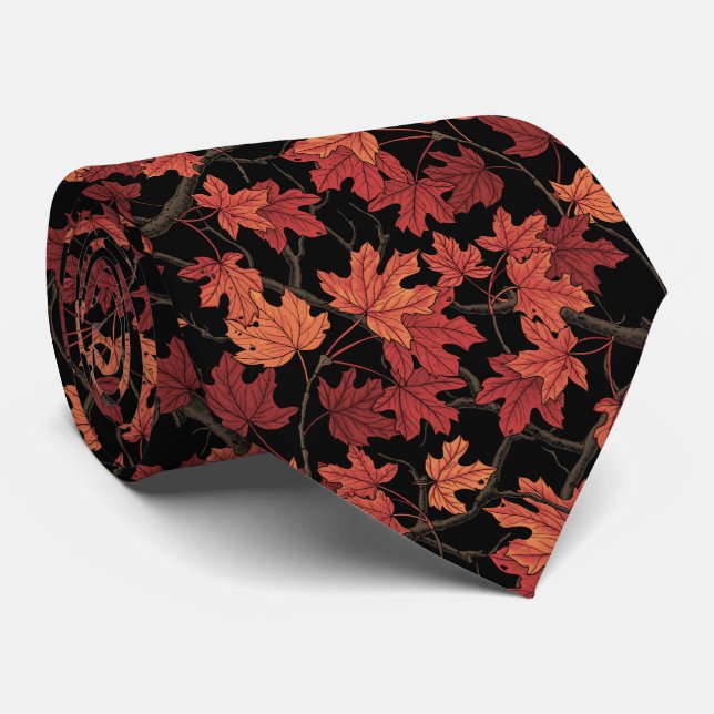 Gravata Red Autumn maple leaves on black (Rolled)