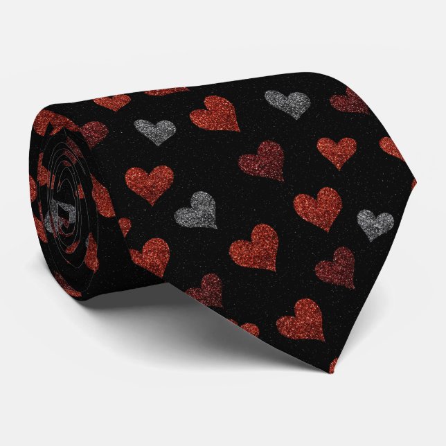 Gravata Red Burgundy Silver Glitter Hearts on Black (Rolled)