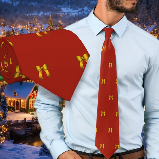 Gravata Red Christmas Tie Tiny Gold Bows Pattern (Criador carregado)