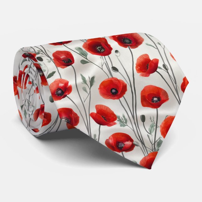 Gravata Red Poppy Floral Pattern (Rolled)