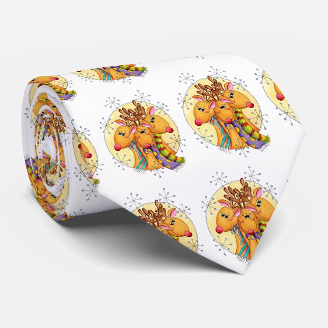 Gravata Renas de Natal Fofas Usando Cachecóis com Estrelas (Rolled)