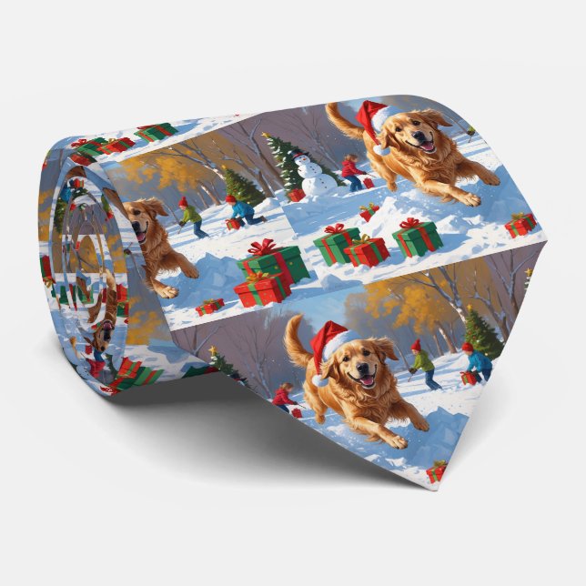 Gravata Retriever ouro em neve com chapéu de Natal (Rolled)