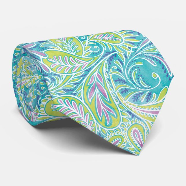 Gravata Retro Aqua Turquoise Paisley Pattern (Rolled)