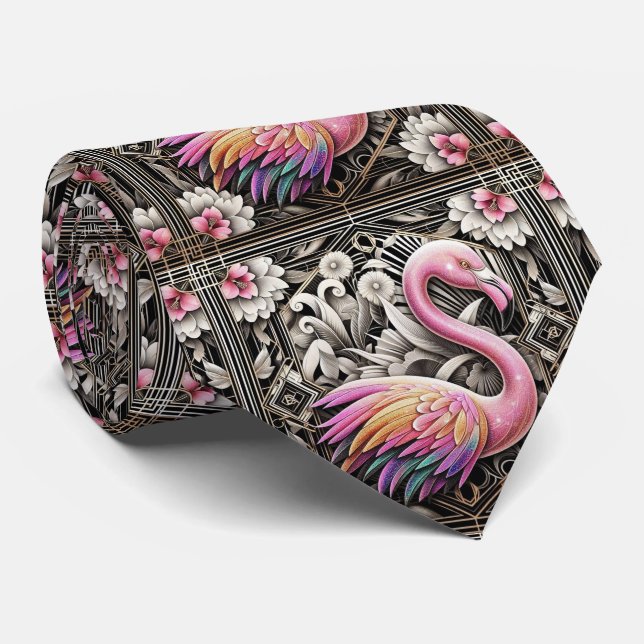 Gravata Retro Art Deco Pink Flamingos (Rolled)