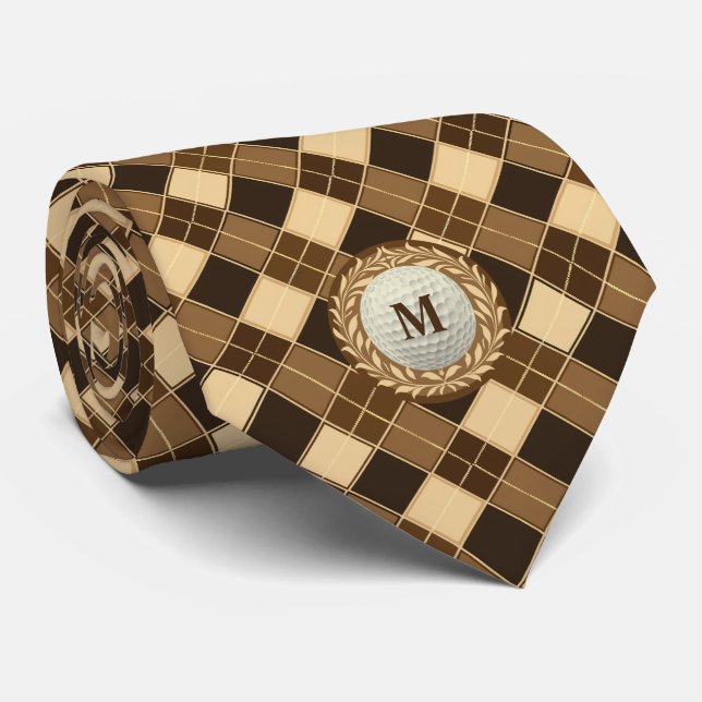 Gravata Retro Brown Argyle Monograma Ball Golf (Rolled)