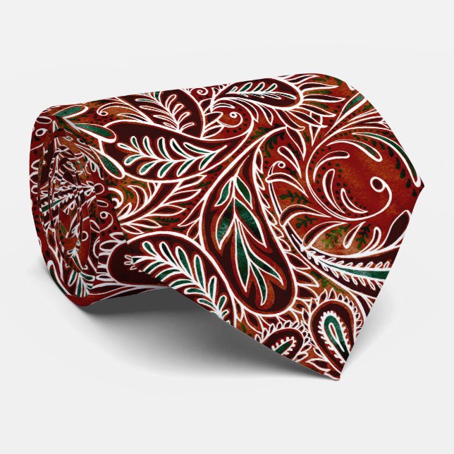 Gravata Retro Maroon Teal Paisley Pattern (Rolled)