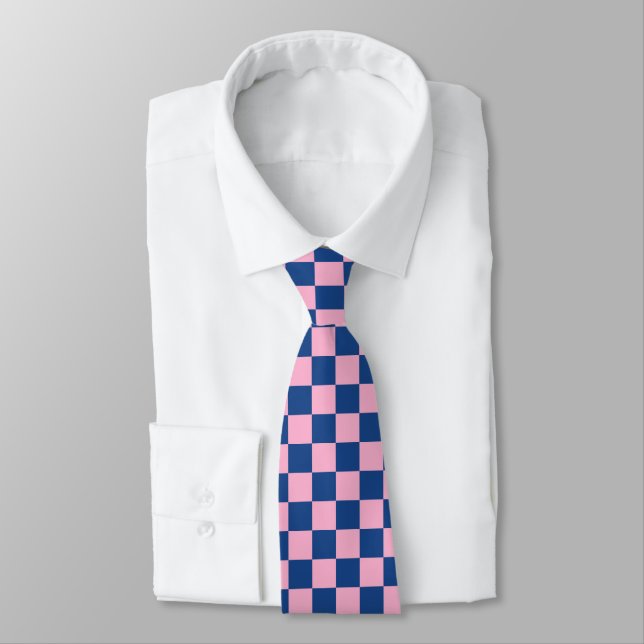Gravata Retro Pink Navy Checkered Groomsmen Wedding (Amarrado)