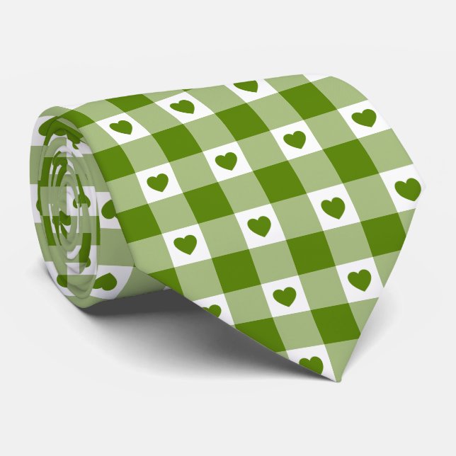 Gravata Retro Xadrez Gingham Coração Verde Abacate (Rolled)