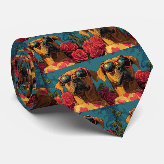 Gravata Rhodesian Ridgeback Corações Rosas Dia dos Namorad (Rolled)