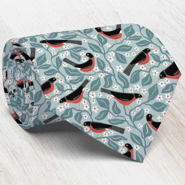 Gravata Robeiro-americano Flor de Maçã Pássaro Flor (American Robin redbreast Apple Blossom branches Michigan state bird flower pattern heritage neck tie)