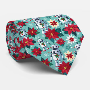 Gravata Robôs de Natal retrô e Poinsettias Mint Green