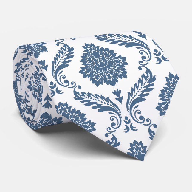 Gravata Rococó Padrão Repertório Damask Azul sobre Branco (Rolled)