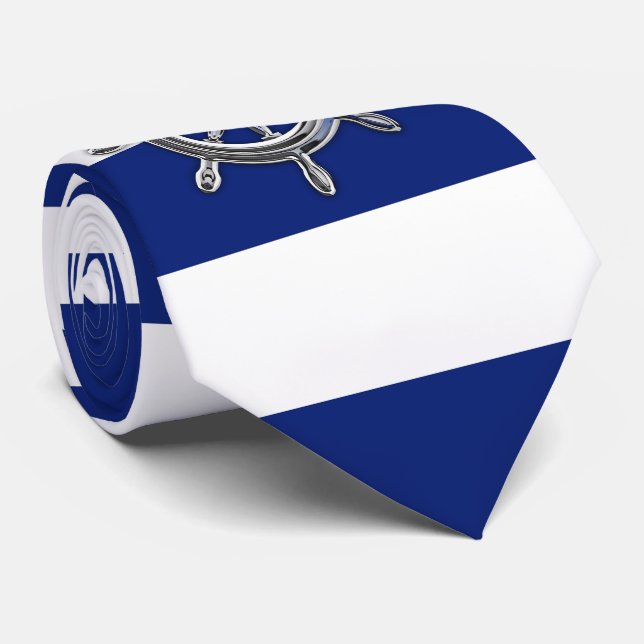 Gravata Roda Cromo em faixas azuis marinhos Náuticas (Rolled)
