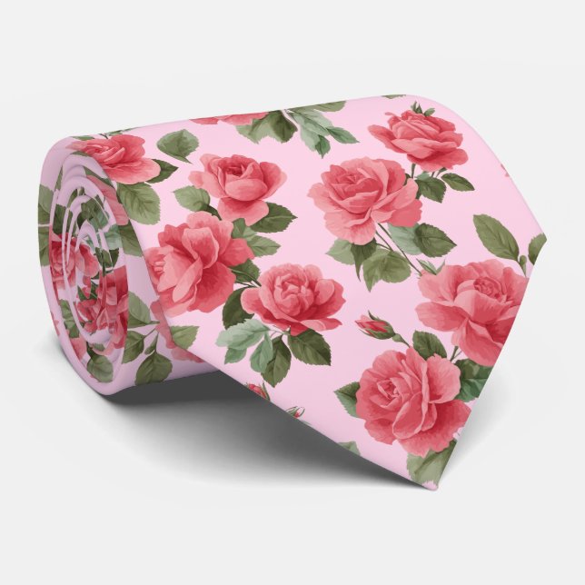 Gravata Romantic Pink Roses Botanical Pattern (Rolled)