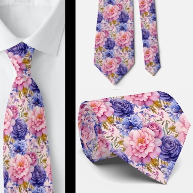Gravata Rosa Corado Azul Violeta Flores Floral (Criador carregado)