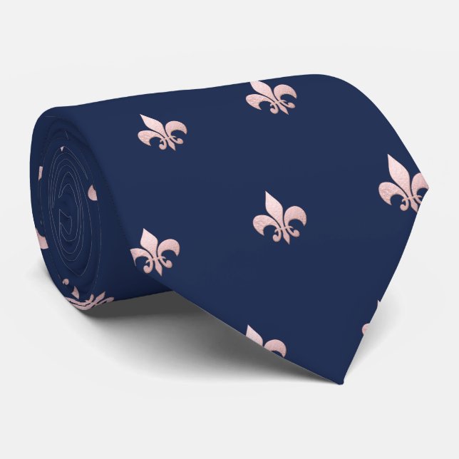 Gravata Rosa Dourado Faux Fleur de Lis DIY Marinho Azul (Rolled)