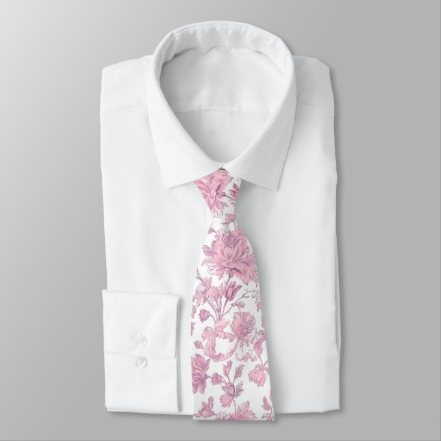Gravata Rosa e Branco Chinoiserie Floral  (Amarrado)
