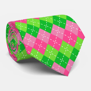 Gravata Rosa e Verde Argyle com Costura Branca