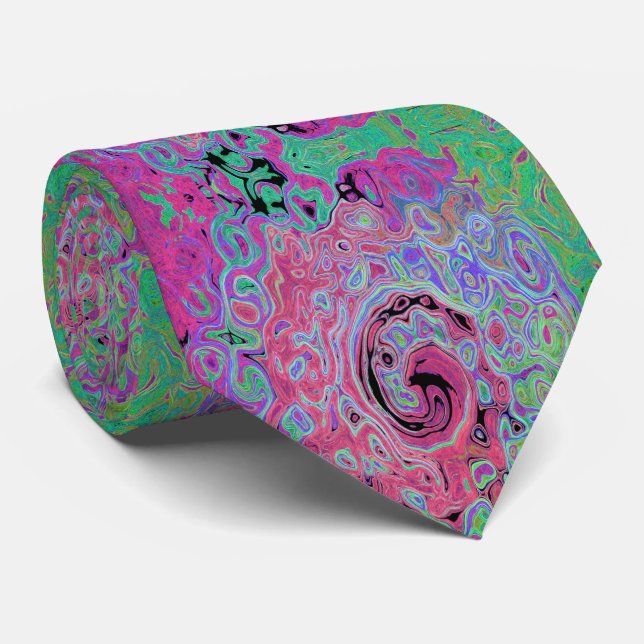 Gravata Rosa e Verde Lima Groovy Abstrato Redemoinho Retro (Rolled)