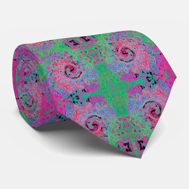 Gravata Rosa e Verde Lima Redemoinho Abstrato Retro Groovy (Rolled)
