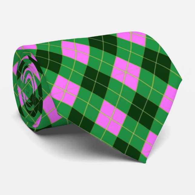 Gravata Rosa e Verde Preppy Argyle (Rolled)