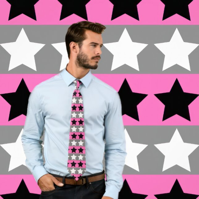 Gravata Rosa Quente, Cinzas, Torneio Branco e Preto com Es (Man wears a Hot Pink, Gray, White & Black Striped Tie w/ Stars
)