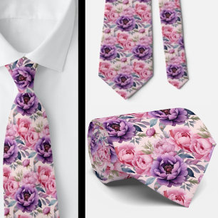 Gravata Rosas Cor-de-rosa e Flores Violeta Roxo Floral