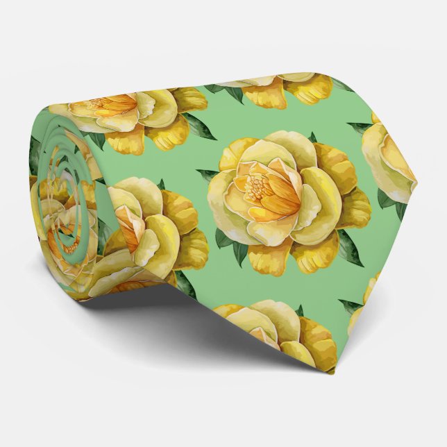 Gravata Rosas de Aquarela Verde Amarelo Elegante (Rolled)