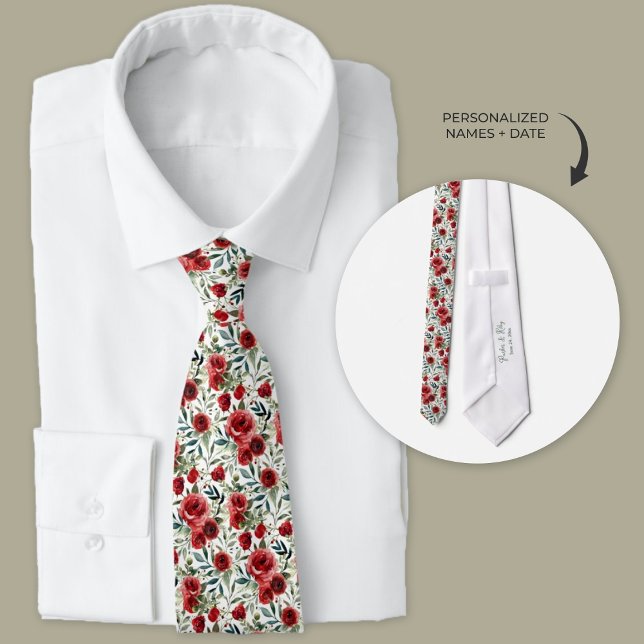 Gravata Rosas de jardim de aquarelas Padrinhos de casament (Personalized watercolor neckties with red rose wedding theme.)