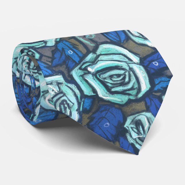Gravata Rosas de Outono Padrão Floral Retro Azul Cinza Hor (Rolled)