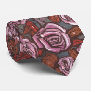 Gravata Rosas de Outono Padrão Floral Retro Rosa Cinza Mar