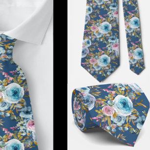 Gravata Rosas Florais de Aquarela em Azul Marinho e Rosa C